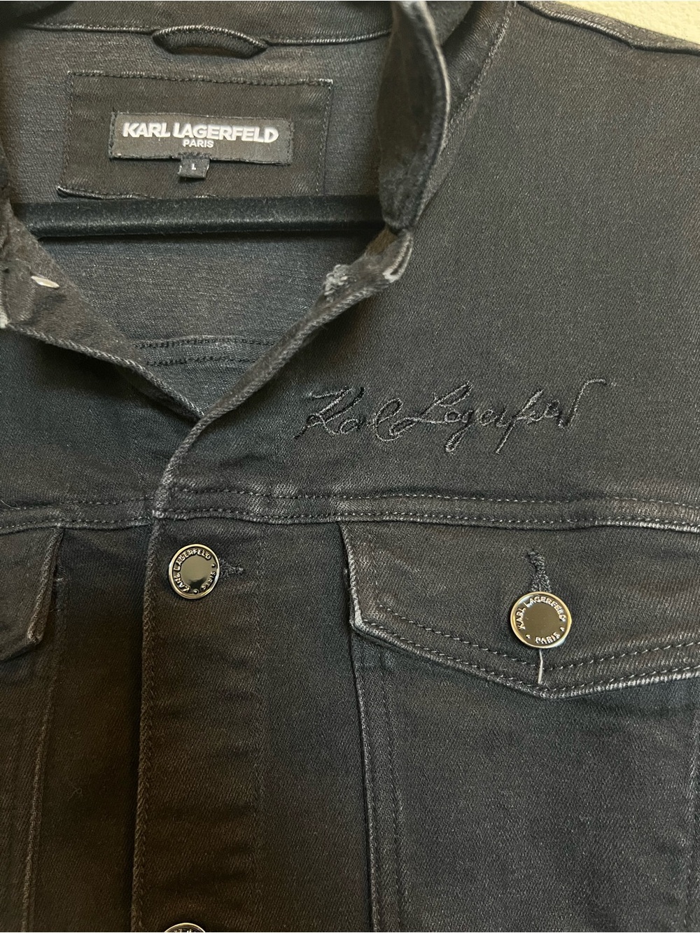 Karl Lagerfeld Black Denim Trucker Jacket w/ Embroidered Logo - Size L (EUC) - Picture 3 of 9